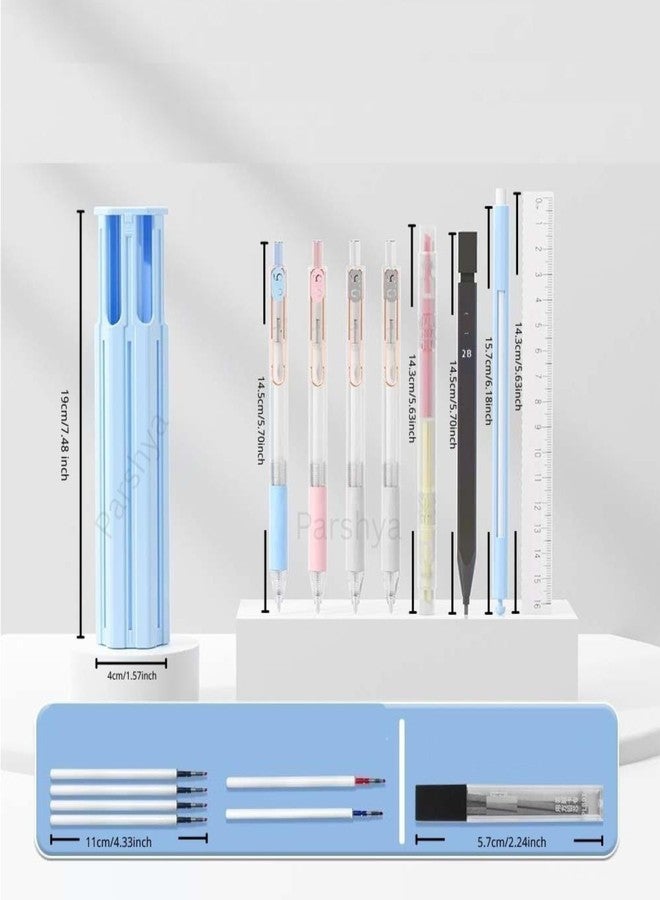 Parshya Pop-Up Pen Holder Pencil Case Set for Students, 6-in-1 Stationery Organizer with Gel Pens, Highlighter, 2B Pencil, Ruler & Eraser, Pen Pop-Out Portable Study Desk Holder (Pen Holder) - Image 2